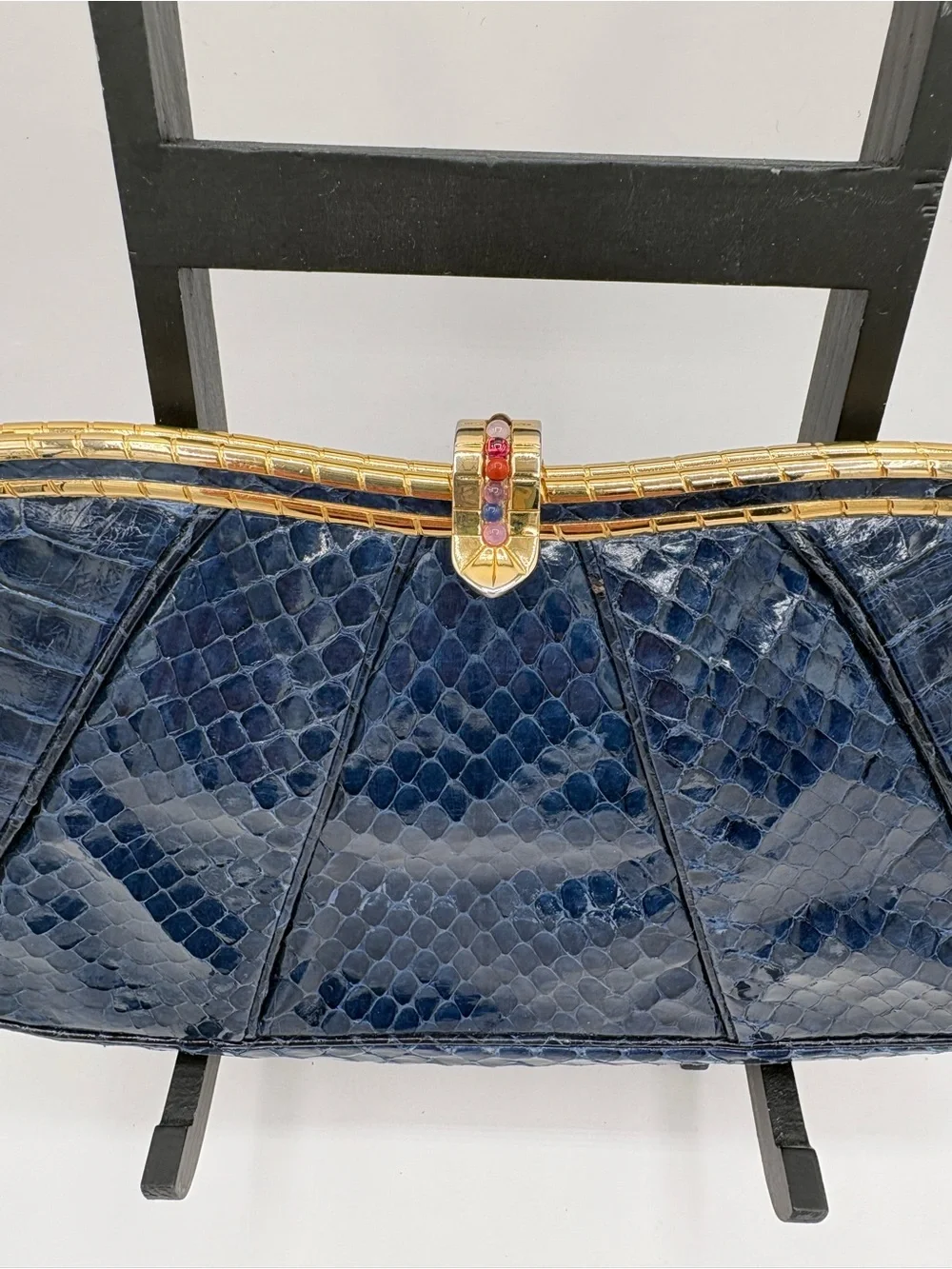 Vtg JUDITH LEIBER Snakeskin Leather Clutch Bag Small Navy Gold Multi Stones RARE